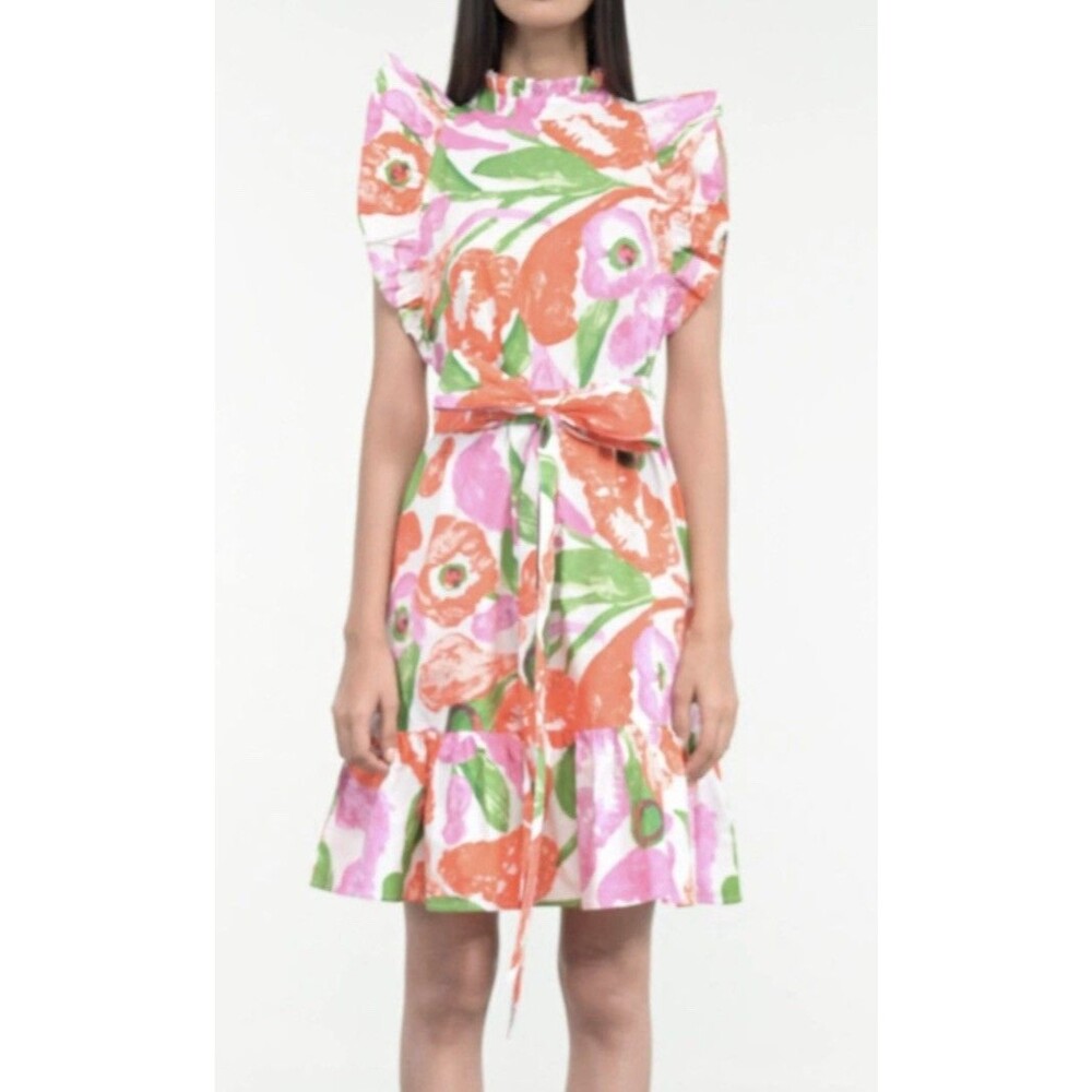 NWT BANJANAN Bulbul Cotton Dress Euphoric Bloom Vivid Floral Pink Orange White M